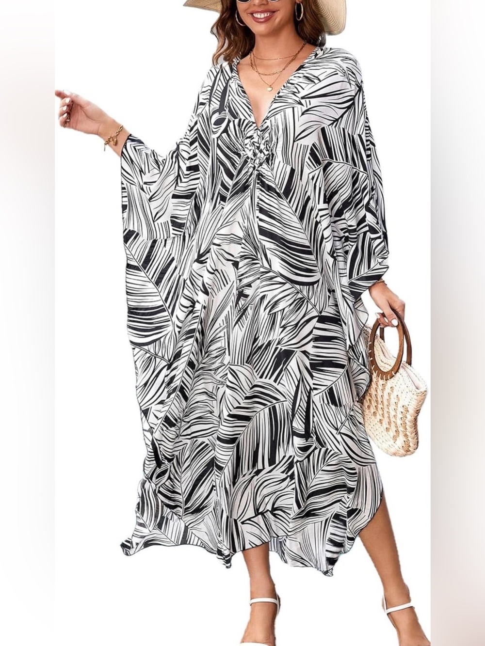 Black & White Viscose Palm Leaf-Print Women's Swim Cover-Up Kaftan One Size